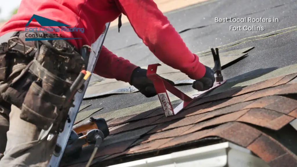 Professional roofer in Fort Collins using a hammer to secure new shingles on a residential roof